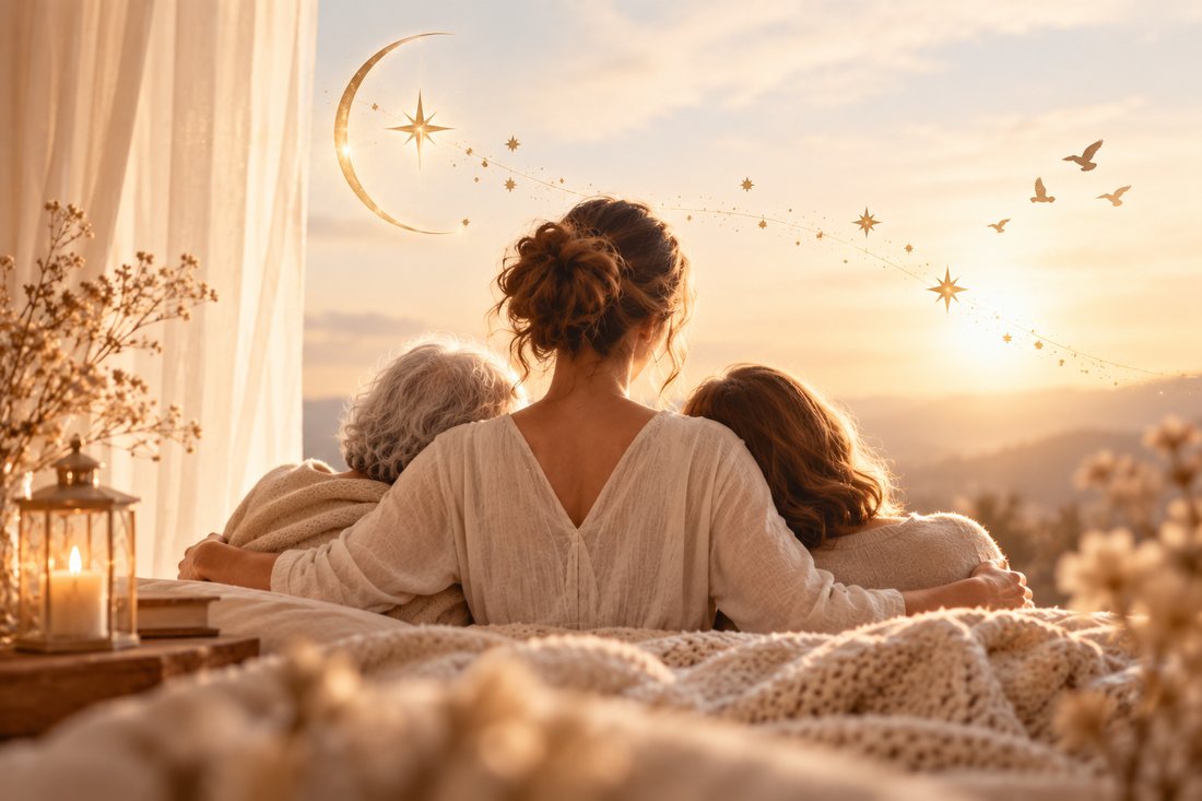 Une femme assise entre une personne âgée et une jeune femme, face au lever du soleil