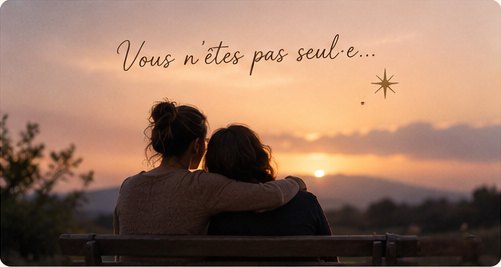 Deux femmes assises côte à côte sur un banc face au coucher du soleil