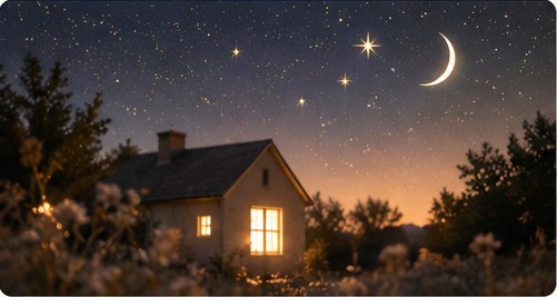 Une maison éclairée sous un ciel étoilé, la nuit